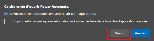 Capture d’écran d’un message du navigateur demandant s’il faut lancer Power Automate.