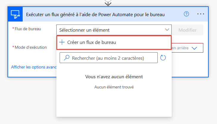 Capture d’écran de l’option dans l’action Exécuter un flux créé avec Power Automate pour le bureau.