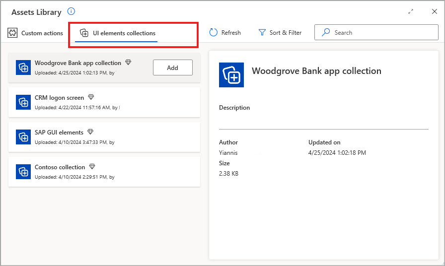 Onglet Collections d’éléments d’interface utilisateur dans la bibliothèque d’actifs