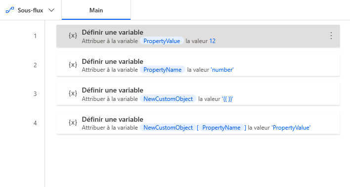 Capture d’écran d’un flux qui utilise des variables pour ajouter une nouvelle propriété à un objet personnalisé.