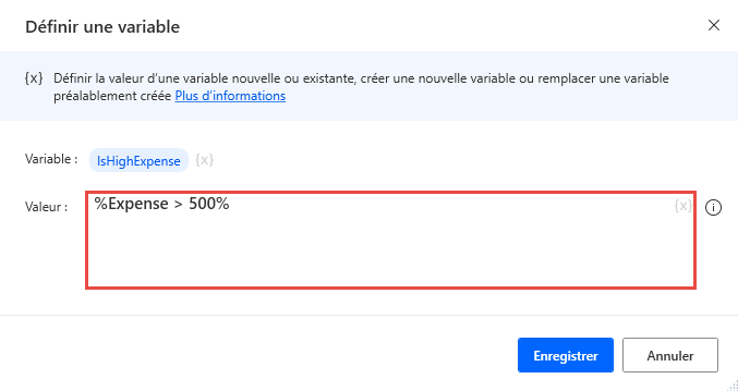 Capture d’écran d’une action Définir une variable qui crée une variable Valeur booléenne.