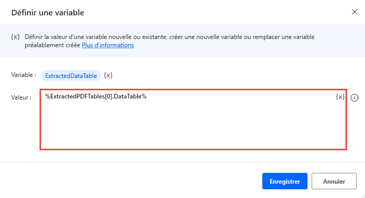 Capture d’écran de la table de données contenue dans une liste de variables d’informations de la table PDF.