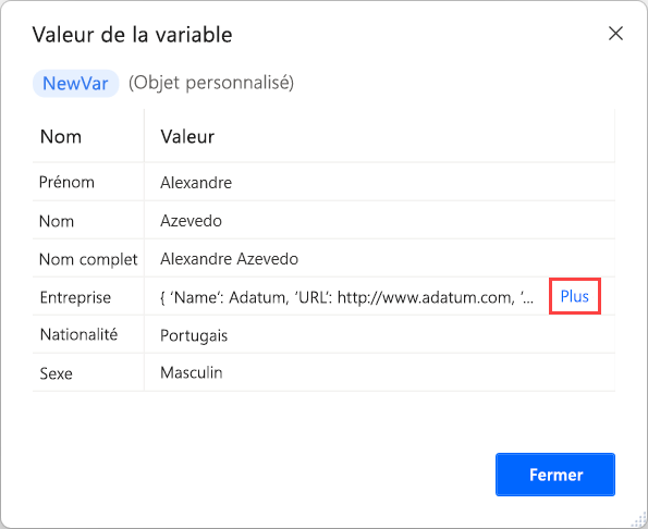 Capture d’écran d’un objet personnalisé parent dans la visionneuse de valeurs de variable.