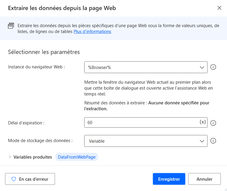 Capture d’écran de l’action Extraire les données de la page web.