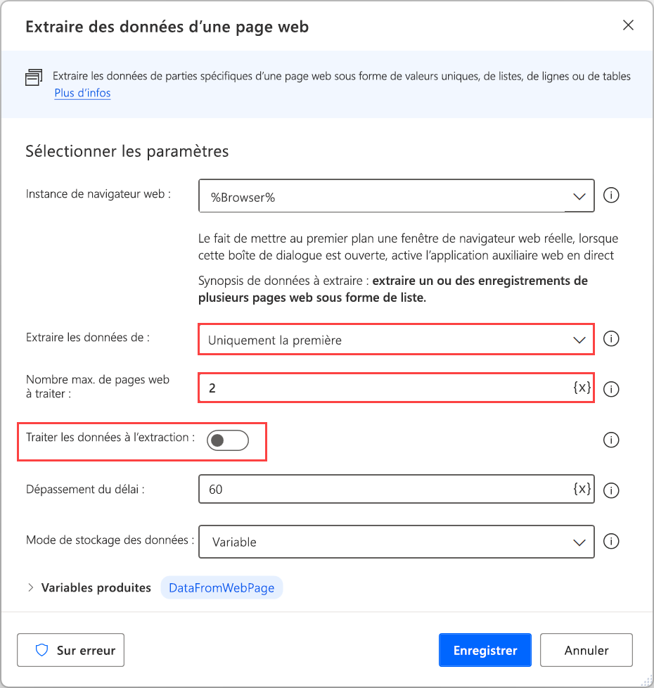 Capture d’écran des options de pagination de l’action Extraire les données de la page web.