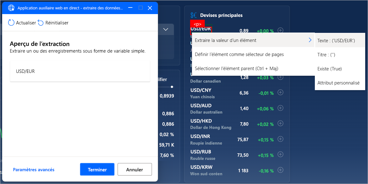 Capture d’écran d’une page web pendant l’extraction des données de cette page web.