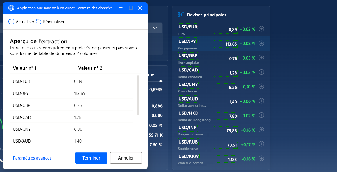 Capture d’écran d’une page web pendant l’extraction d’une table de données de cette page web.