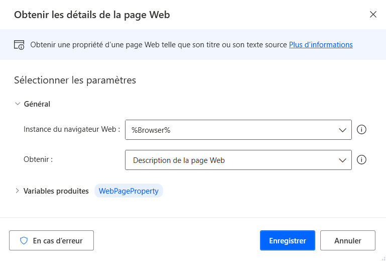 Capture d’écran de l’action Obtenir les détails de la page Web.