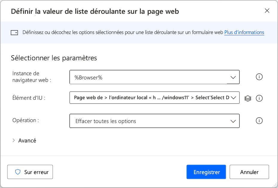 Capture d’écran de l’action Définir la valeur de la liste déroulante sur la page web.