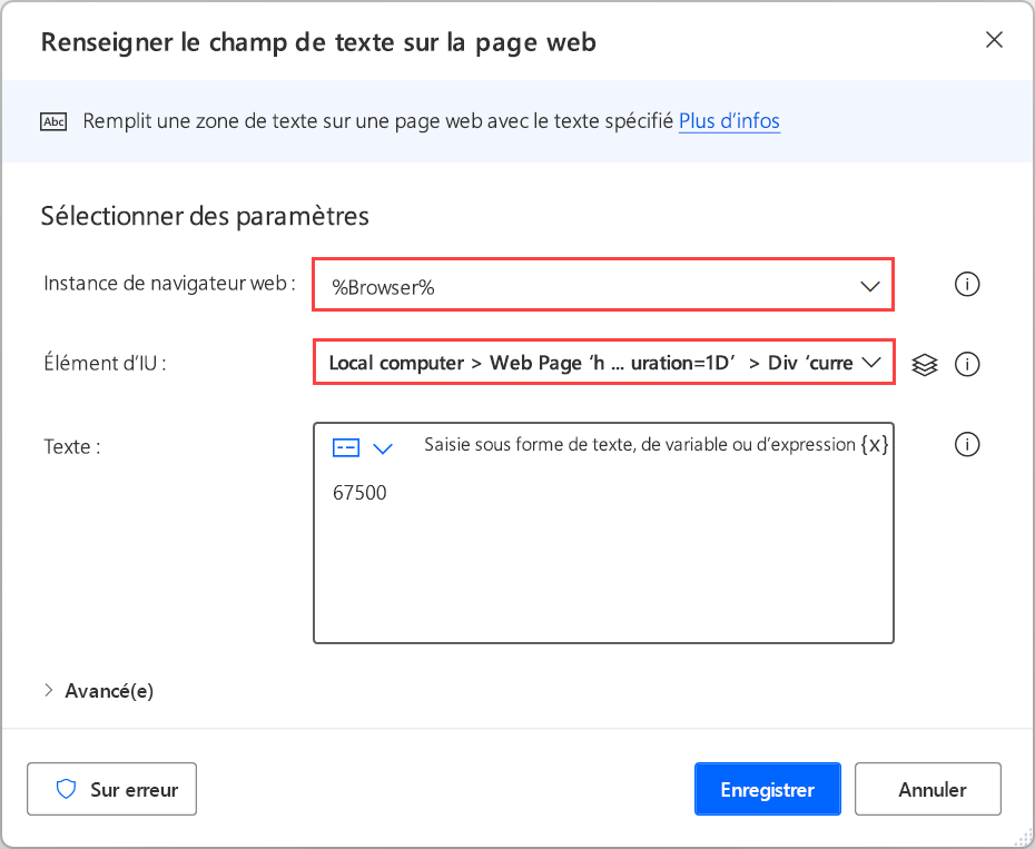 Capture d’écran des entrées de l’action Renseigner le champ du texte sur la page Web.