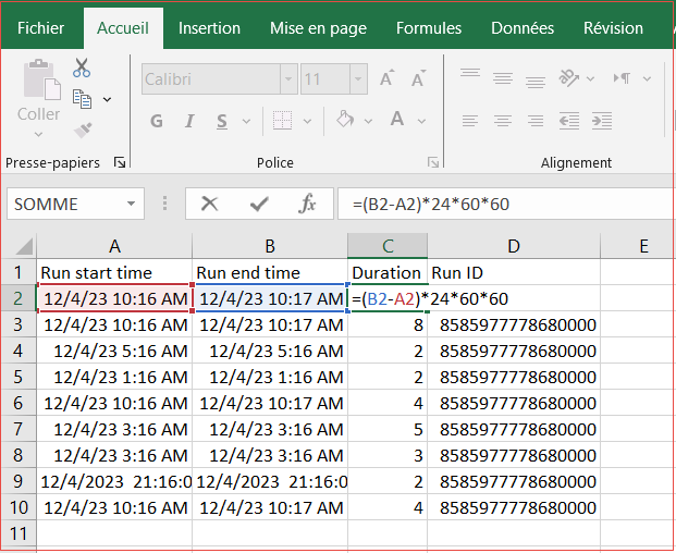 Calcul de la durée avec Excel.