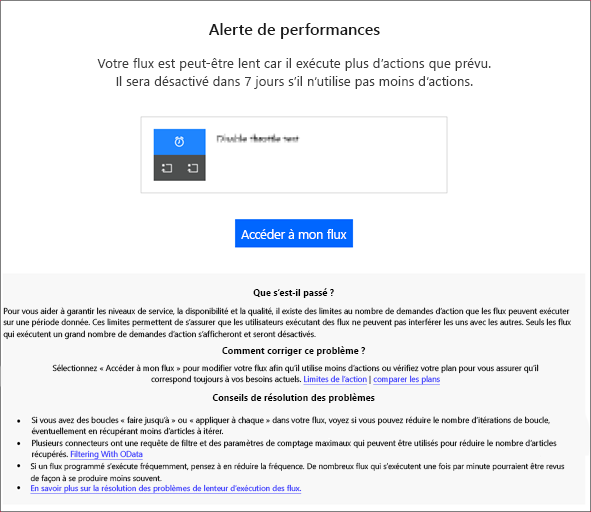 Alerte de performance indiquant qu’un flux exécute plus d’actions que prévu et qu’il sera désactivé s’il n’utilise pas moins d’actions.