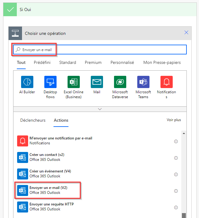 Capture d’écran du choix de l’action Envoyer un e-mail.