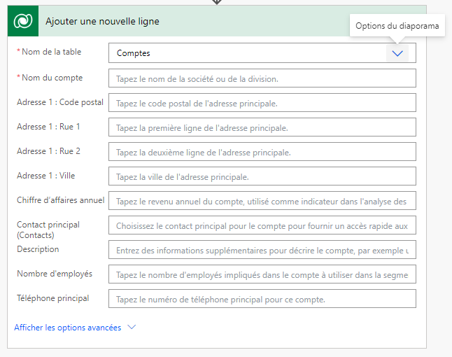 Carte qui affiche toutes les colonnes pour l’action d’ajout d’une nouvelle ligne, à l’exception des options avancées.