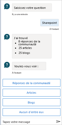 Capture d’écran montrant le chatbot affichant le nombre d’éléments trouvés, regroupés par catégorie, telles que les réponses de la communauté, les articles et les blogs.