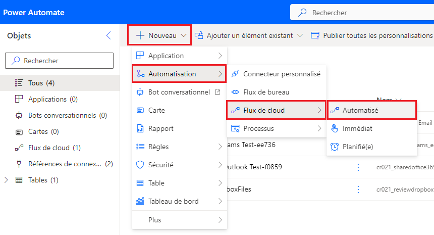 Capture d’écran montrant les différents types d’éléments qui peuvent être créés avec le flux en surbrillance.