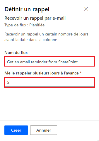 Capture d’écran montrant comment définir les détails d’un flux de rappel.