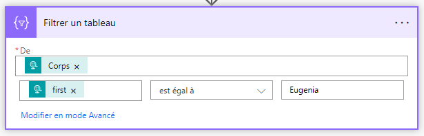 Capture d’écran de la section De, la première ligne est définie sur Corps. Dans la deuxième ligne, « first » est égal à Eugenia.