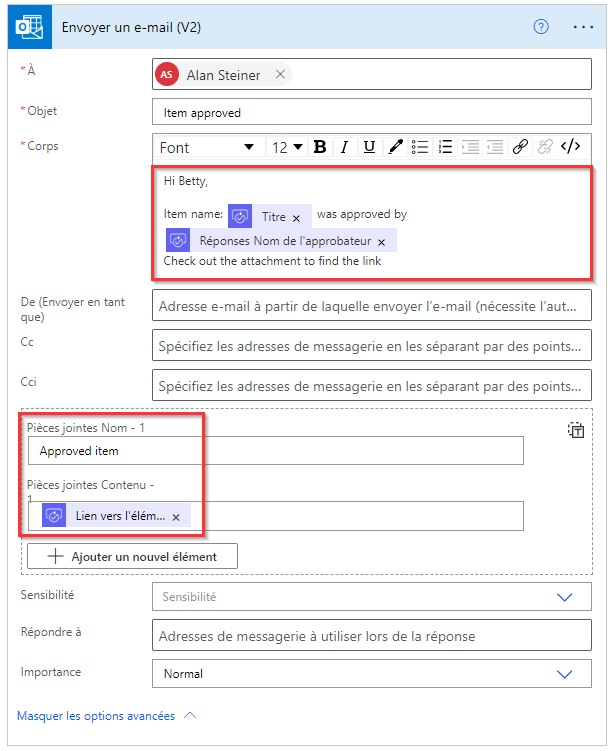 Capture d’écran qui affiche un exemple d’e-mail qui utilise du contenu dynamique dans le corps de l’e-mail.