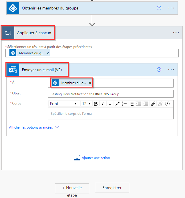 Capture d’écran d’un flux de cloud qui obtient tous les membres du groupe, puis envoie un courrier électronique à chaque membre.