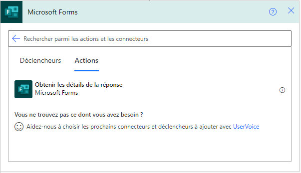 Capture d’écran de l’action Microsoft Forms dans le canevas Power Automate.