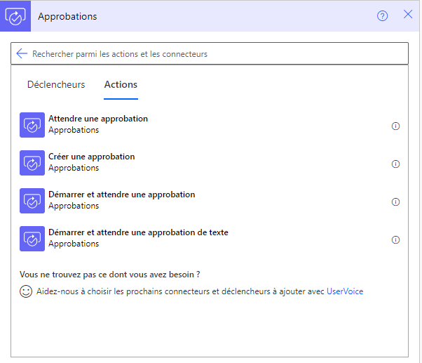 Capture d’écran des actions Créer une approbation, Démarrer et attendre une approbation et Attendre une approbation.