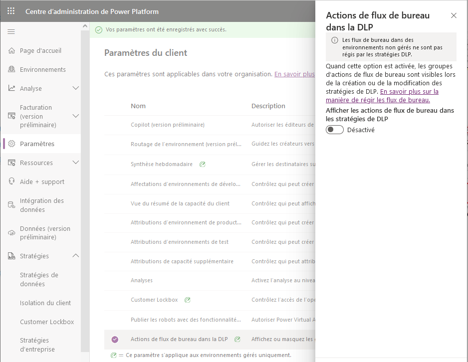 Capture d’écran du paramètre DLP pour les flux de bureau dans le centre d’administration Power Platform.