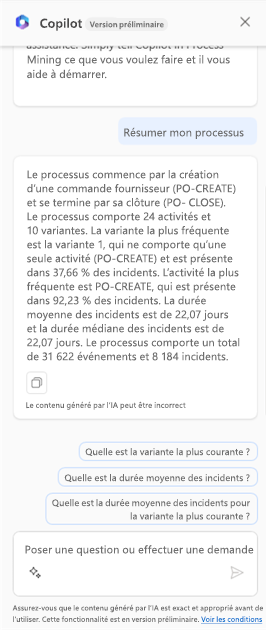 Capture d’écran des questions dans le volet Copilot.