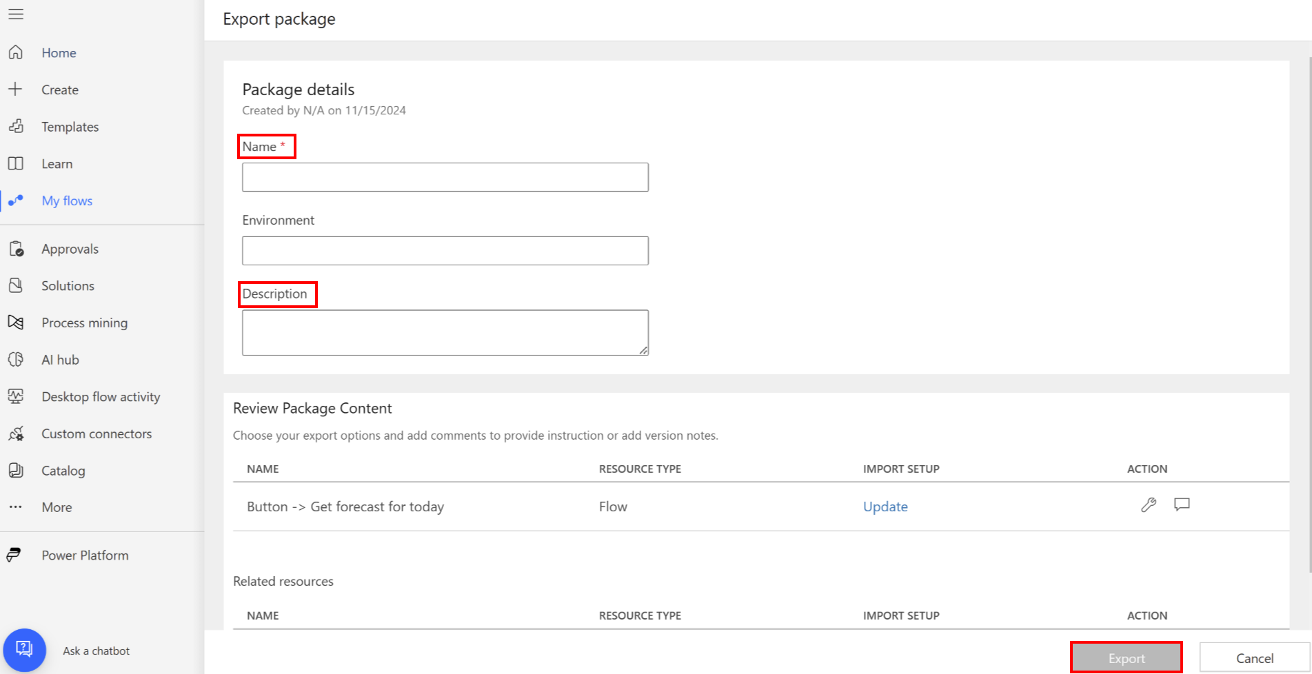 Capture d’écran de l’écran Exporter le package avec le bouton « Exporter ».