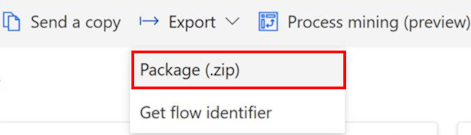 Capture d’écran des options de menu « Exporter » et « Package (.zip) ».