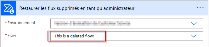 Capture d’écran de l’ajout de l’action « Restaurer les flux supprimés en tant qu’administrateur ».