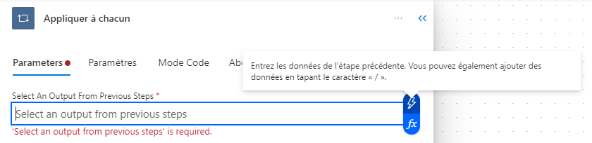 Capture d’écran de la sélection de la valeur dans l’étape précédente.