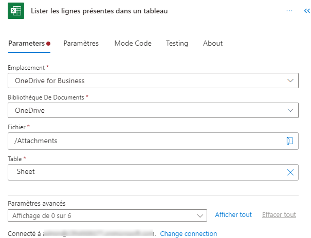 Capture d’écran des paramètres pour répertorier les lignes présentes dans une table dans Copilot.