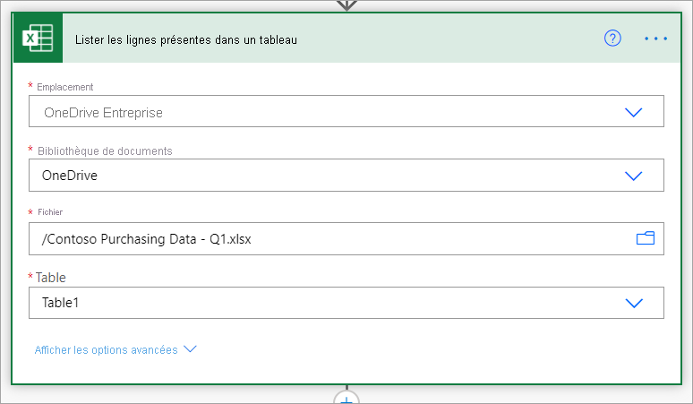 Select the Excel Online file and name of the table.