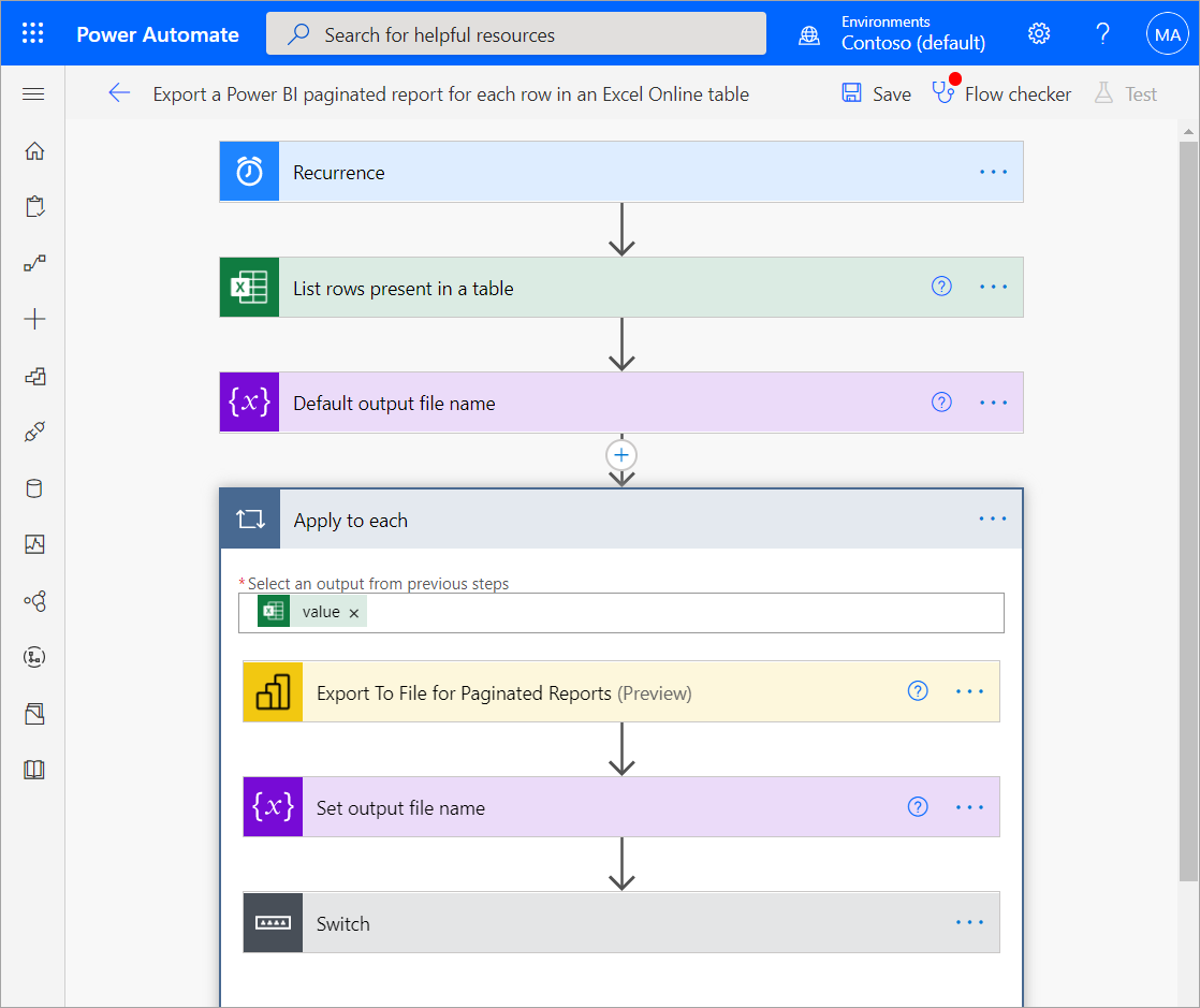 Screenshot that shows how to export a paginated report by using an Excel Online table.