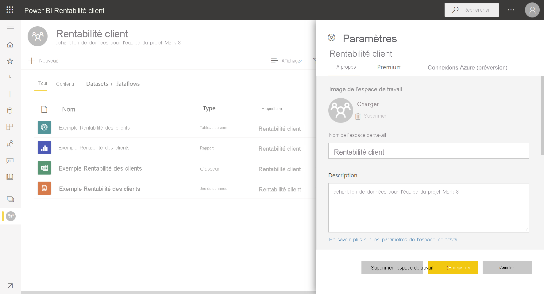 Capture d’écran d’un espace de travail dans Power BI.