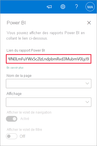 Capture d’écran des nouvelles propriétés du composant WebPart SharePoint avec le lien de rapport Power BI mis en surbrillance.