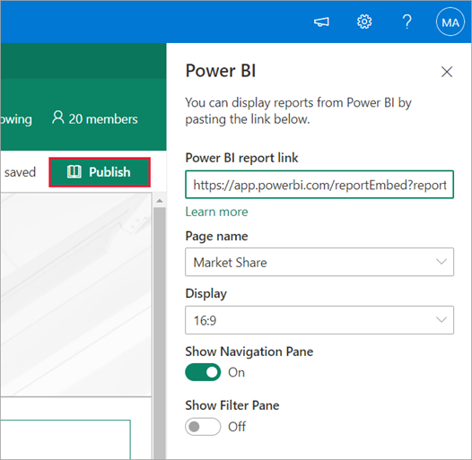 Capture d’écran du lien rapport Power BI montrant l’option Publier sélectionnée.