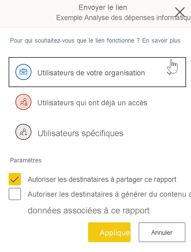 Boîte de dialogue des options de Partager le lien.