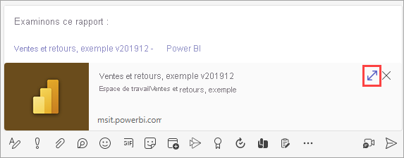 Capture d’écran montrant une carte d’aperçu de lien pour un élément Power BI dans la boîte de message Teams.