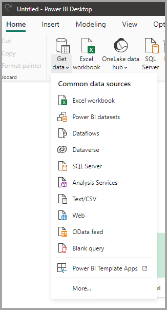 Capture d’écran montrant l’élément Obtenir des données et le menu Types de données courants dans Power BI Desktop.