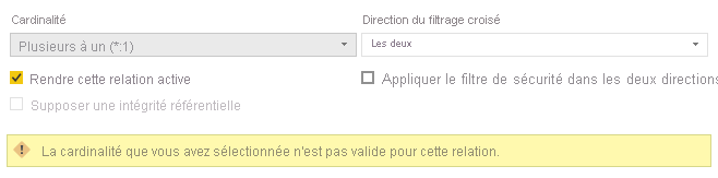 Screenshot of the relationship dialog showing a 'the cardinality you selected isn't valid for this relationship' error, which is related to duplicate values being detected.