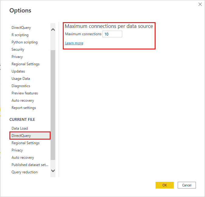 Capture d’écran montrant la définition du nombre maximal de connexions DirectQuery.