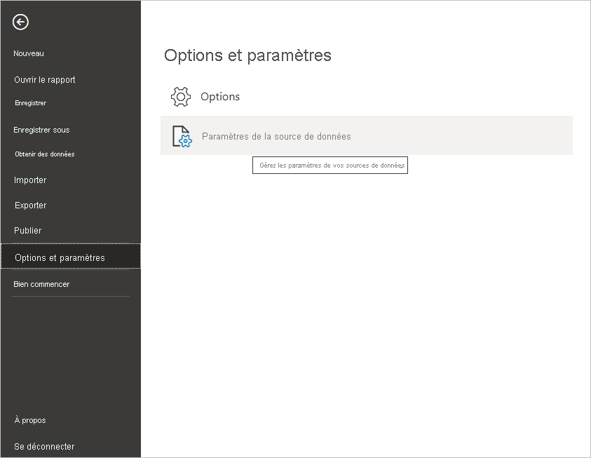 Screenshot of the File menu in Power BI Desktop, showing the Data source settings selection.