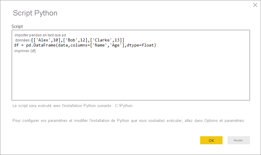 Capture d’écran montrant le collage de l’exemple de script Python dans la boîte de dialogue script Python.