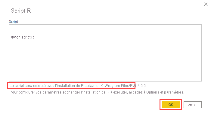 Screenshot shows the R script dialog in Power BI Desktop with R installation information highlighted.