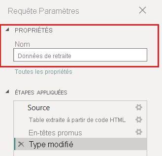 Capture d’écran de l’Éditeur Power Query montrant comment modifier un nom de table dans Paramètres de requête.