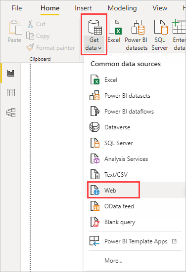 Capture d’écran montrant l’option Obtenir des données sur le ruban avec Web sélectionné.