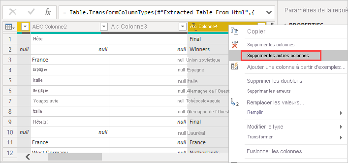 Capture d’écran montrant les colonnes mises en surbrillance avec Supprimer d’autres colonnes sélectionnée dans le menu contextuel.