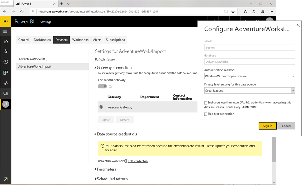 Configurer les informations d’identification de la source de données pour la passerelle